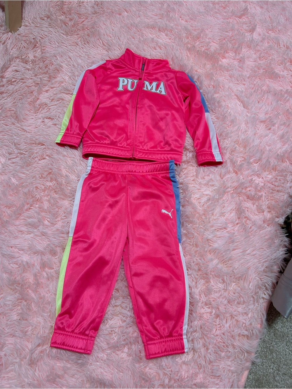 Puma Hot Pink Kids Two-Piece Track Set with Multicolor Stripes